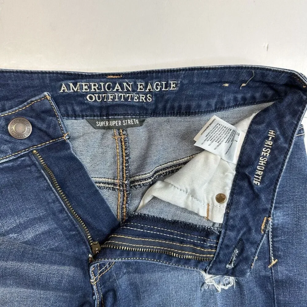 American Eagle Shorts Hi-Rise Shortie 8 Super Stretch Denim Blue Jean Distress